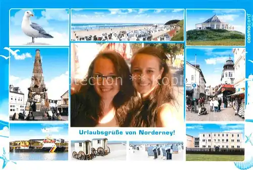 AK / Ansichtskarte Norderney_Nordseebad Moewe Strand Denkmal Badekarre Strandkoerbe Gaststaette Fussgaengerzone Hotel Norderney_Nordseebad