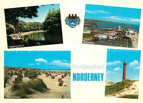 AK / Ansichtskarte Norderney_Nordseebad Napoleonschanze Faehranleger Duenen und Strand Leuchtturm Norderney_Nordseebad