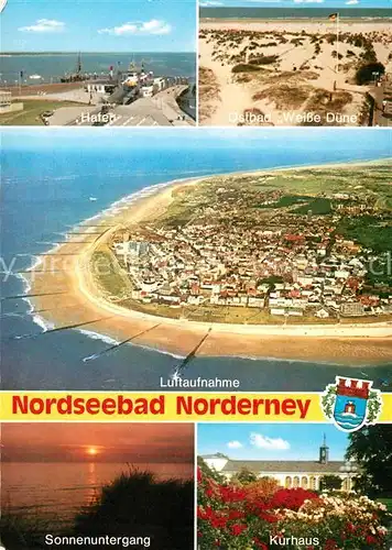 AK / Ansichtskarte Norderney_Nordseebad Hafen Ostbad Weisse Duene Sonnenuntergang Kurhaus Fliegeraufnahme Norderney_Nordseebad