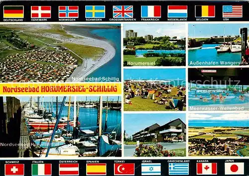 AK / Ansichtskarte Schillig Nordseebad Fliegeraufnahmen Hafen Meerwasserwellenbad Nationalflaggen Schillig