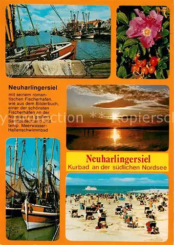 AK / Ansichtskarte Neuharlingersiel Fischkutter Hafen Blumen Abendstimmung am Meer Strand Neuharlingersiel