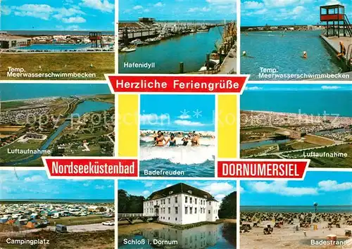 AK / Ansichtskarte Dornumersiel Meerwasserschwimmbecken Hafen Campingplatz Badestrand Schloss in Dornum Dornumersiel
