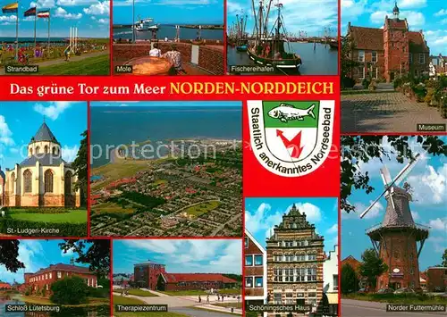AK / Ansichtskarte Norden_Norddeich_Ostfriesland Strandbad Mole Fischereihafen Museum Kirche Schloss Luetetsburg Therapiezentrum Schoeningsches Haus Norder Futtermuehle Norden_Norddeich