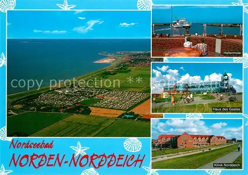 AK / Ansichtskarte Norden_Norddeich_Ostfriesland Hafenmole Haus des Gastes Klinik Norddeich Fliegeraufnahme Norden_Norddeich
