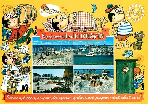 AK / Ansichtskarte Cuxhaven_Nordseebad Strand Landungsbruecken Faehre Kuranlagen Karikaturen Cuxhaven_Nordseebad