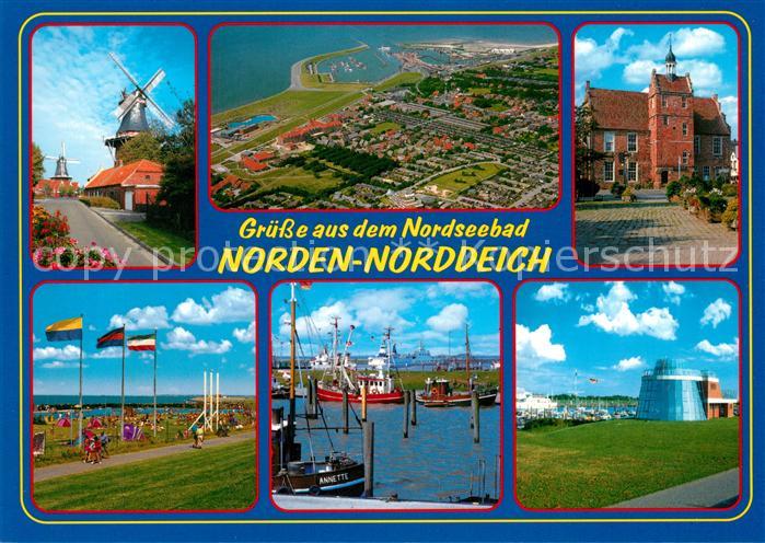 AK Ansichtskarte Norden Norddeich Ostfriesland Windmuehle Hafen Fischkutter Strand