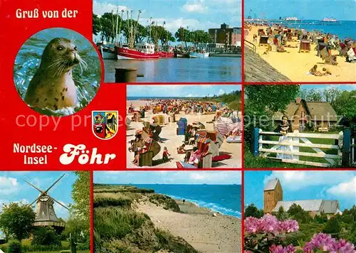 AK / Ansichtskarte Insel_Foehr Seehund Hafen Fischkutter Strand Friesenhaus Windmuehle Kueste Strand Kirche Insel_Foehr