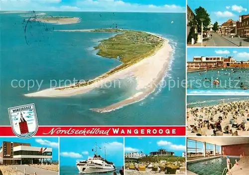 AK / Ansichtskarte Wangerooge_Nordseebad Ortsmotive Freibad Strand Faehre Hallenbad Nordseeinsel Fliegeraufnahme Wangerooge_Nordseebad