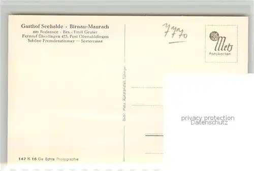 AK / Ansichtskarte Maurach_Birnau Gasthof Seehalde Seeterrasse Maurach Birnau
