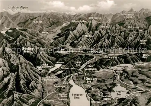 AK / Ansichtskarte Fuessen_Allgaeu Panoramakarte mit Alpen mit Forggensee Hopfensee Weissensee Fuessen Allgaeu