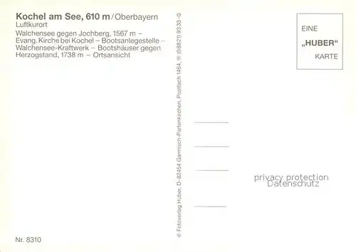 AK / Ansichtskarte Kochel_See Walchensee Jochberg Ev Kirche Bootsanlegestelle Walchensee Kraftwerk Bootshaeuser Ortsansicht Kochel_See