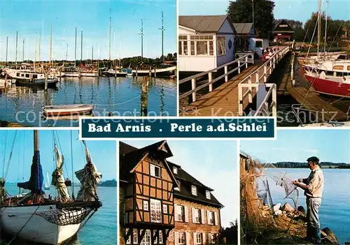 AK / Ansichtskarte Bad_Arnis_Schlei Fischerhafen Bootsliegeplatz Fischkutter Fischer beim Netz reparieren Bad_Arnis_Schlei