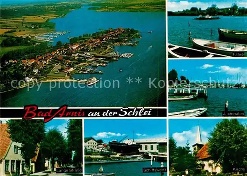 AK / Ansichtskarte Bad_Arnis_Schlei Fliegeraufnahme Faehre Jachthafen Lange Str Schiffswerft Kirche Bad_Arnis_Schlei