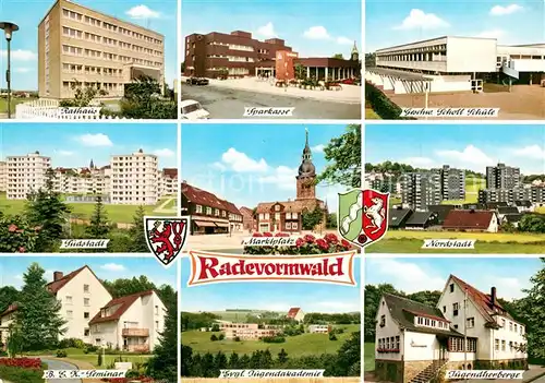 AK / Ansichtskarte Radevormwald Rathaus Sparkasse Geschw Scholl Schule Suedstadt Marktplatz Nordstadt BEK Seminar Ev Jugendakademie Jugendherberge Radevormwald