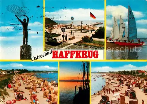 AK / Ansichtskarte Haffkrug_Ostseebad Fischerstatue Seebruecke Segelboote Strandpartien Haffkrug_Ostseebad