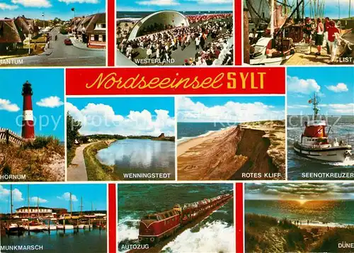 AK / Ansichtskarte Insel_Sylt Ortschaften auf der Nordseeinsel Konzertpavillon Leuchtturm Hafen Rotes Kliff Seenotkreuzer Autozug Hindenburgdamm Duene Insel_Sylt