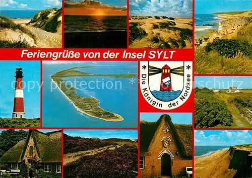 AK / Ansichtskarte Insel_Sylt Duenen Sonnenuntergang Leuchtturm Friesenhaus Heidelandschaft Wappen Fliegeraufnahme Insel_Sylt