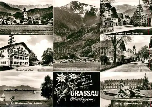 AK / Ansichtskarte Grassau_Chiemgau Gasthof zur Post Dorfplatz Schloss Herrenchiemsee  Grassau Chiemgau