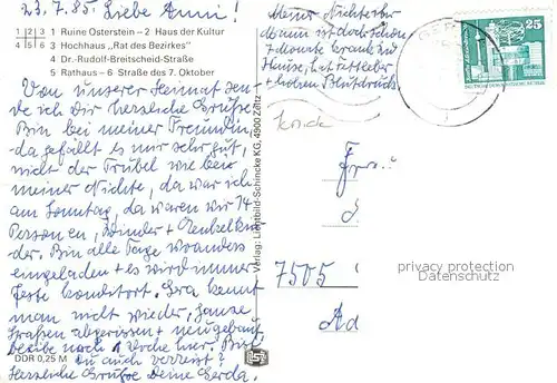 AK / Ansichtskarte Gera Ruine Osterstein Haus der Kultur Hochhaus Rat des Bezirkes Dr Rud Breitscheid Str Rathaus Str des 7 Oktober Gera