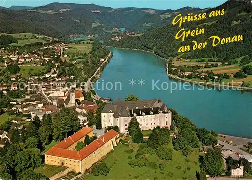 AK / Ansichtskarte Grein_Donau_Oberoesterreich Fliegeraufnahme mit Schloss Greinburg Grein_Donau