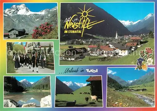 AK / Ansichtskarte Neustift_Stubaital_Tirol Ortsansicht Trachtenumzug Seepartie Schafherde Panorama Neustift_Stubaital_Tirol