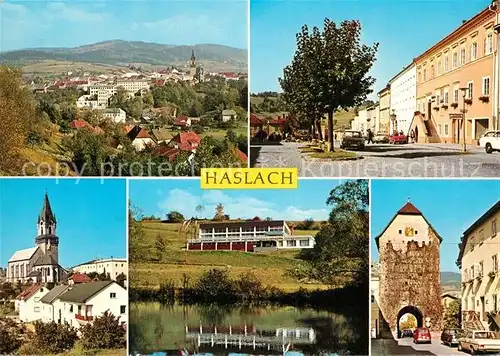 AK / Ansichtskarte Haslach_Muehl Panorama Rathaus Kirche Stadthalle Stadttor Haslach_Muehl