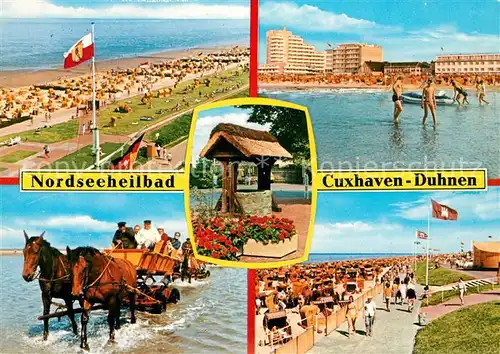 AK / Ansichtskarte Duhnen_Nordsee Strand Hotels Promenade Alter Brunnen Wattwagen Duhnen Nordsee