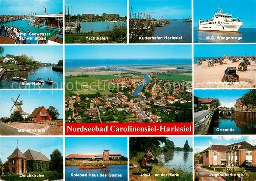 AK / Ansichtskarte Harlesiel Freibad Yachthafen Kutterhafen MS Wangerooge Windmuehle Deichkirche Solebad Haus des Gastes Idyll an der Harle Jugendherberge Ortsmitte Strandkorb Badestrand Harlesiel