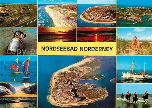 AK / Ansichtskarte Norderney_Nordseebad Fliegeraufnahmen Seemoeve Sonnenuntergang Badenixe Windsurfen Fischkutter Reiten am Strand Norderney_Nordseebad