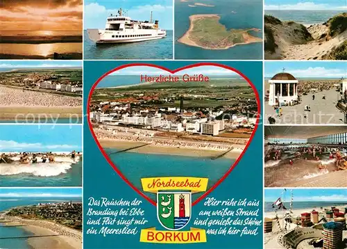 AK / Ansichtskarte Borkum_Nordseebad Sonnenuntergang am Meer Duenen Strand Promenade Wellenbad Herz Fliegeraufnahme Borkum_Nordseebad