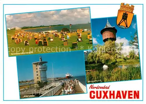 AK / Ansichtskarte Cuxhaven_Nordseebad Badestrand Grimmershoernbucht Alte Liebe Landungsbruecke Wasserturm Wappen Cuxhaven_Nordseebad