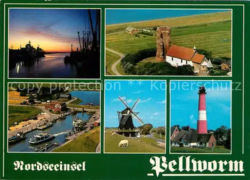 AK / Ansichtskarte Pellworm Sonnenuntergang am Hafen Windmuehle Leuchtturm Alte Kirche Fliegeraufnahme Pellworm