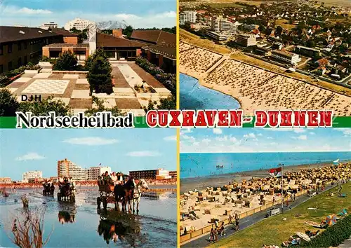 AK / Ansichtskarte Duhnen_Nordsee Jugendherberge Wattwagen Promenade Strand Fliegeraufnahme Duhnen Nordsee