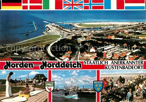 AK / Ansichtskarte Norden_Norddeich_Ostfriesland Kuestenbadeort Fliegeraufnahme Minigolf Fischkutter Hafen Strand Norden_Norddeich