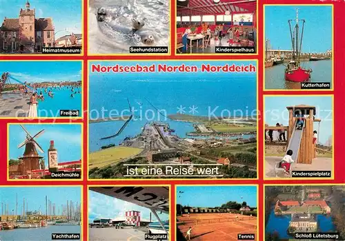 AK / Ansichtskarte Norden_Norddeich_Ostfriesland Heimatmuseum Freibad Deichmuehle Yachthafen Seehundstation Kinderspielhaus Kutterhafen Kinderspielplatz Tennis Flugplatz Schloss Luetetsburg Fliegeraufnahme Norden_Norddeich