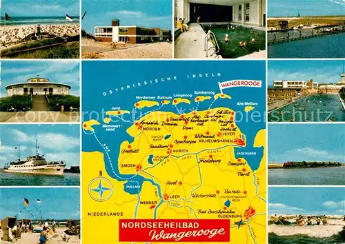 AK / Ansichtskarte Wangerooge_Nordseebad Strand Cafe Faehre Inselbahn Freibad Wellenbad Hafen Landkarte Wangerooge_Nordseebad