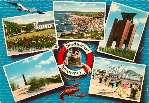 AK / Ansichtskarte Norderney_Nordseebad Kurhaus Strand Kap Seezeichen Wahrzeichen Leuchtturm Hotel Restaurant Seeloewe Rettungsring Moewe Seafood Norderney_Nordseebad