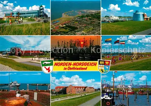 AK / Ansichtskarte Norden_Norddeich_Ostfriesland Hotel Restaurant Badestrand Fischkutter Hafen Sonnenuntergang Faehre Norden_Norddeich