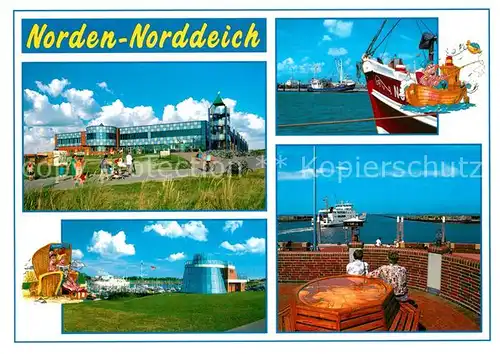 AK / Ansichtskarte Norden_Norddeich_Ostfriesland Hotel Restaurant Hafen Fischkutter Faehre Strandkorb Norden_Norddeich