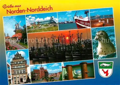 AK / Ansichtskarte Norden_Norddeich_Ostfriesland Windmuehle Hotel Restaurant Hafen Fischkutter Faehre Schoeningh sches Haus Heimatmuseum Seemoewe Wappen Norden_Norddeich
