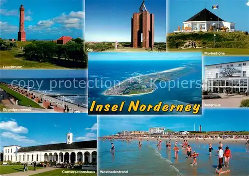 AK / Ansichtskarte Norderney_Nordseebad Leuchtturm Kap Seezeichen Wahrzeichen Cafe Restaurant Marienhoehe Strandpromenade Badehaus Conversationshaus Badestrand Norderney_Nordseebad