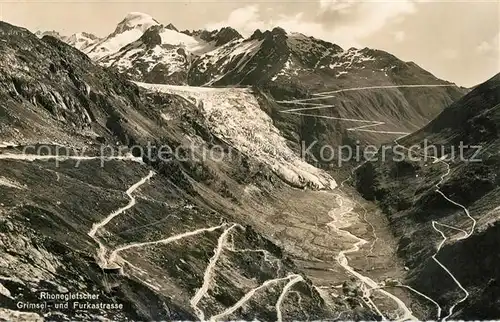 AK / Ansichtskarte Rhonegletscher_Glacier_du_Rhone mit Grimsel und Furkastrasse Rhonegletscher_Glacier