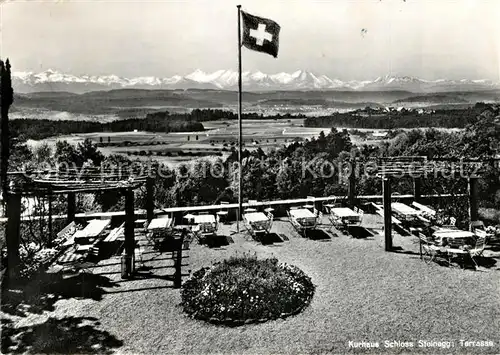 AK / Ansichtskarte Huettwilen Kurhaus Schloss Steinegg Terrasse Flagge Fernsicht Alpenpanorama Huettwilen