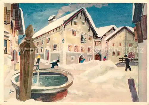 AK / Ansichtskarte Guarda_Inn Ortsmotiv mit Brunnen im Winter Fritz Krumenacher Kuenstlerkarte Guarda_Inn