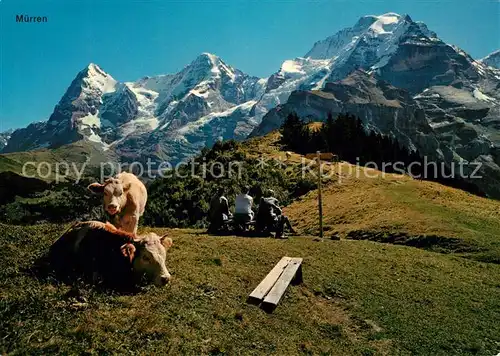 AK / Ansichtskarte Muerren_BE Allmendhubel gegen Eiger Moench und Jungfrau Berner Alpen Almvieh Kuehe Wanderer Muerren_BE