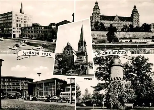 AK / Ansichtskarte Aschaffenburg_Main Rathaus Hauptbahnhof Schloss Herstallturm  Aschaffenburg Main