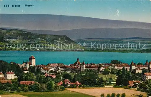 AK / Ansichtskarte Murten_Morat Fliegeraufnahme Altstadt mit See Murten Morat