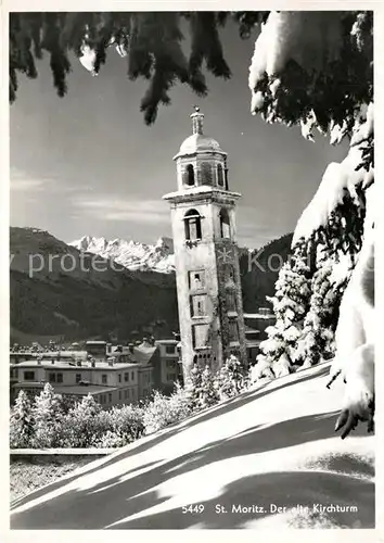 AK / Ansichtskarte St_Moritz_GR Alter Kirchturm Winterpanorama Engadin St_Moritz_GR