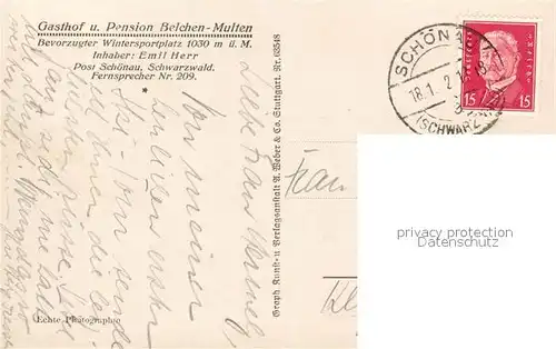 AK / Ansichtskarte Schoenau_Schwarzwald Gasthof Belchen Multen Schoenau Schwarzwald