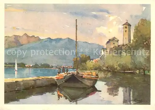 AK / Ansichtskarte Rivapiana_Lago Maggiore Hafen Segelschiff Kirche Kuenstlerkarte Rivapiana_Lago Maggiore